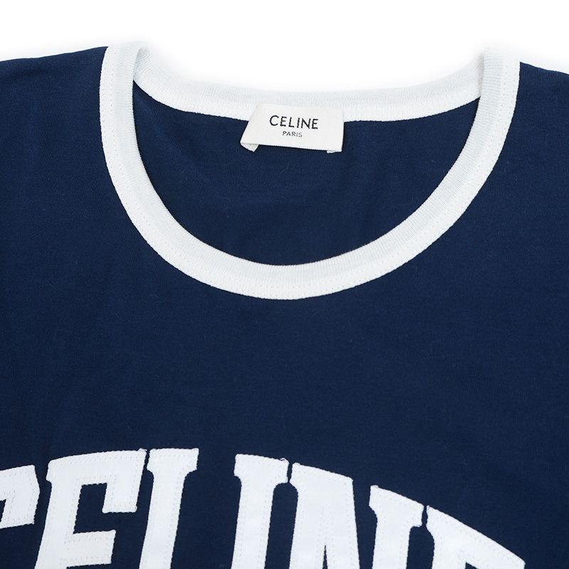 セリーヌ 半袖Tシャツ ロゴ コットン ネイビー/ホワイト レディース XSサイ