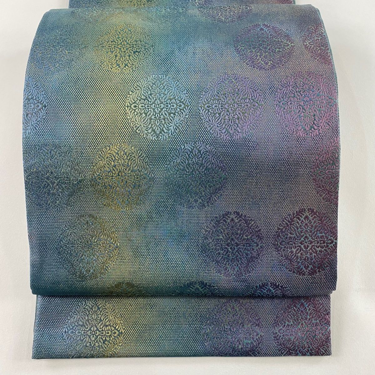 袋帯 秀品 華文 箔 ぼかし 青緑 全通 正絹