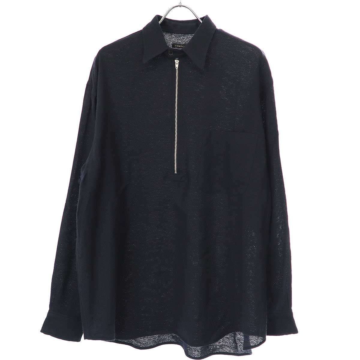 23ss comoli カシミヤ和紙ハーフジップシャツ ネイビー