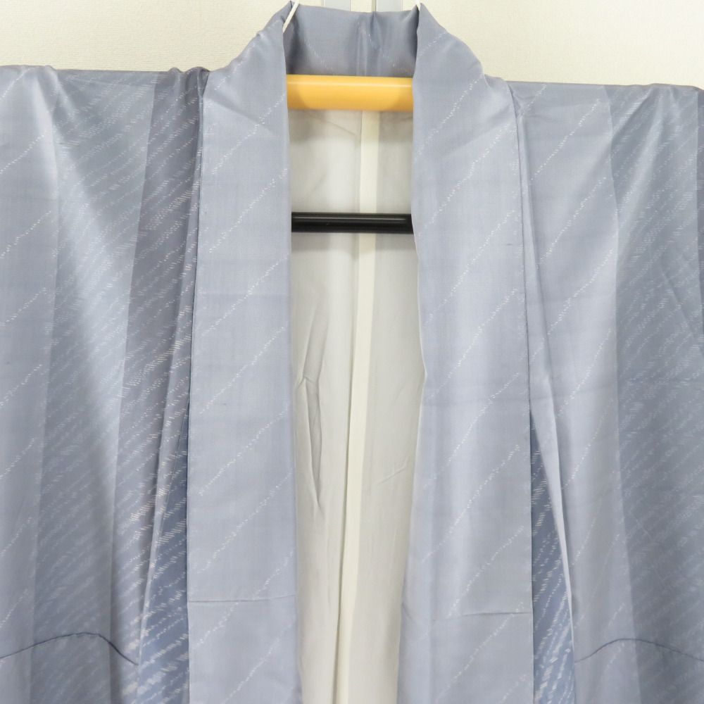 紬 着物 大島紬 青色ｘ灰色 縞模様 広衿 正絹 仕立て上がり着物 身丈158cm 【キモノオフ野々市若松店】 紬 着物 大島紬 青色x灰色 縞模様 広衿 正絹 仕立て上がり着物 身丈