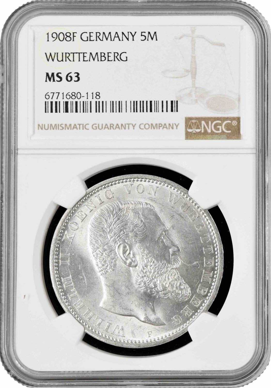 Wurttemberg 5 mark 1908 F NGC MS63 King William II 1891 - 1918 silver coin