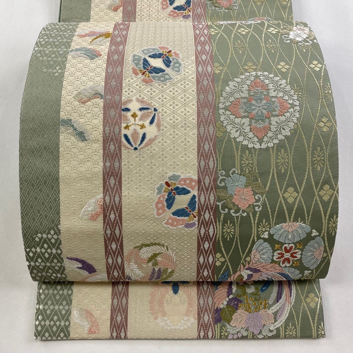 袋帯 秀品 鳥 草花 金糸 灰緑 六通 正絹