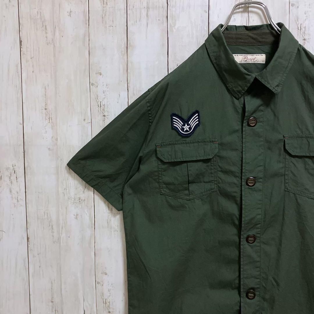 オリーブグリーン プリーツ 半袖シャツ Practパッチド ミリタリーシャツ エアフォース刺繍オリーブグリーン