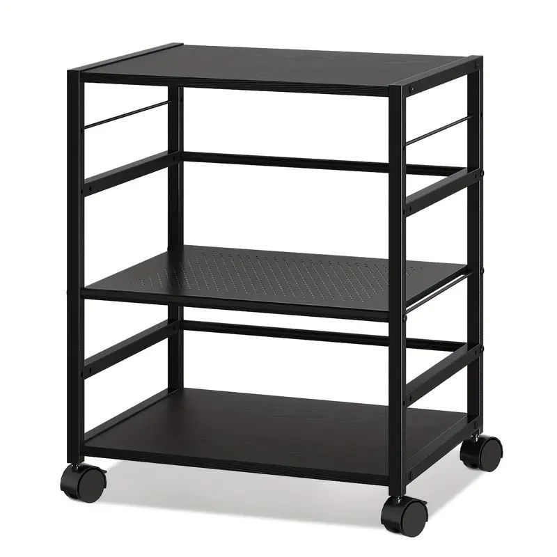 DEVAISE ブラックスチールプリンタースタンド キャスター付き - 3段式モバイルプリンターラック 60x48x70cm 容量69.85KG 簡単移動＆収納のための耐久性オフィス家具