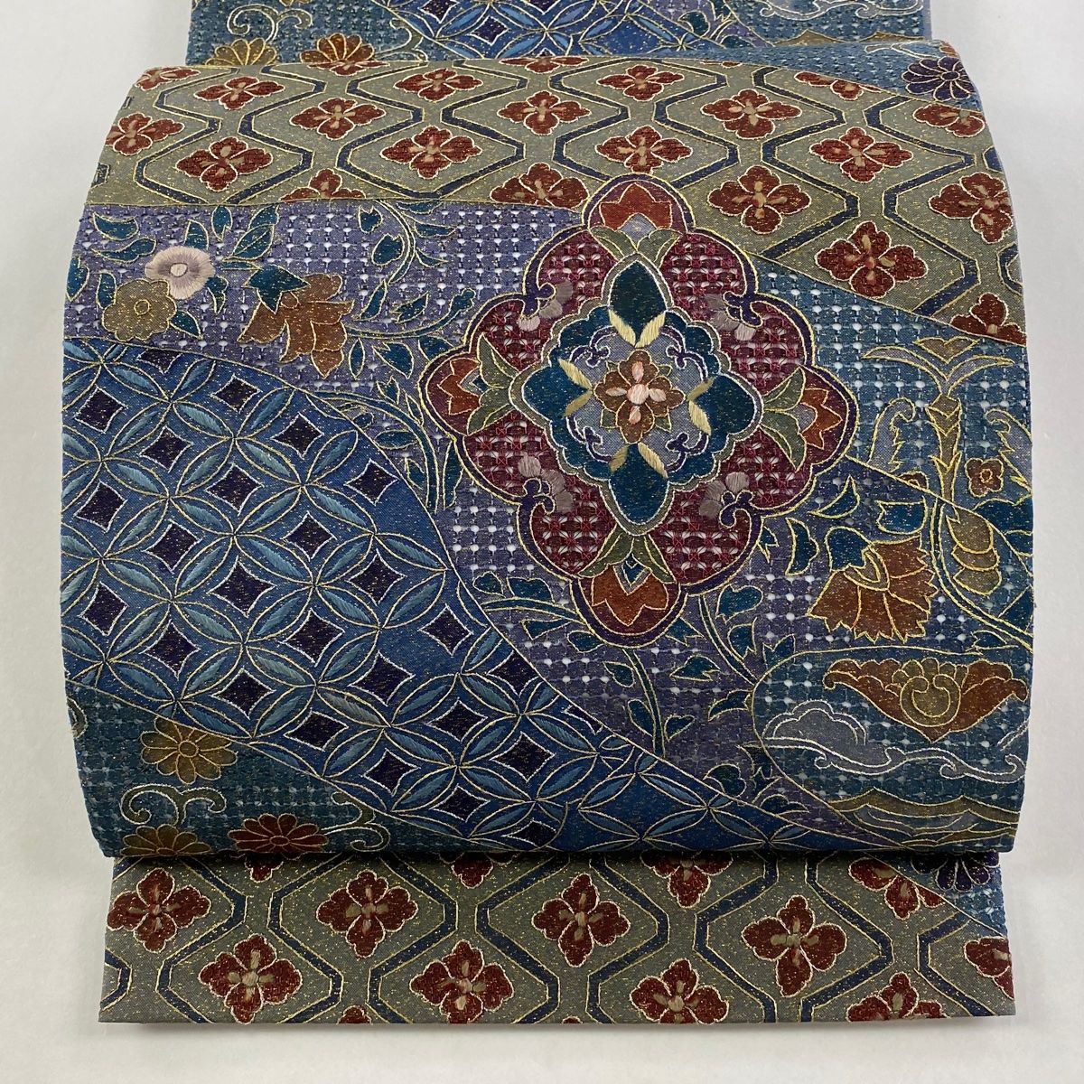 袋帯 華文 七宝 刺繍 金銀糸 藍色 全通 正絹