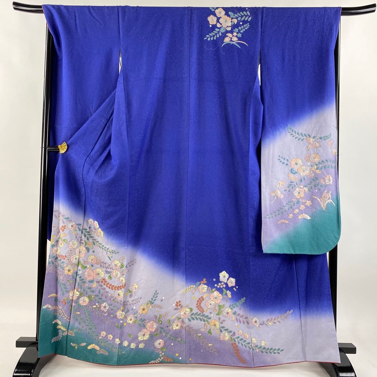 振袖 身丈165cm 裄丈69cm L 袷 辻が花 銀通し 染め分け 青 正絹