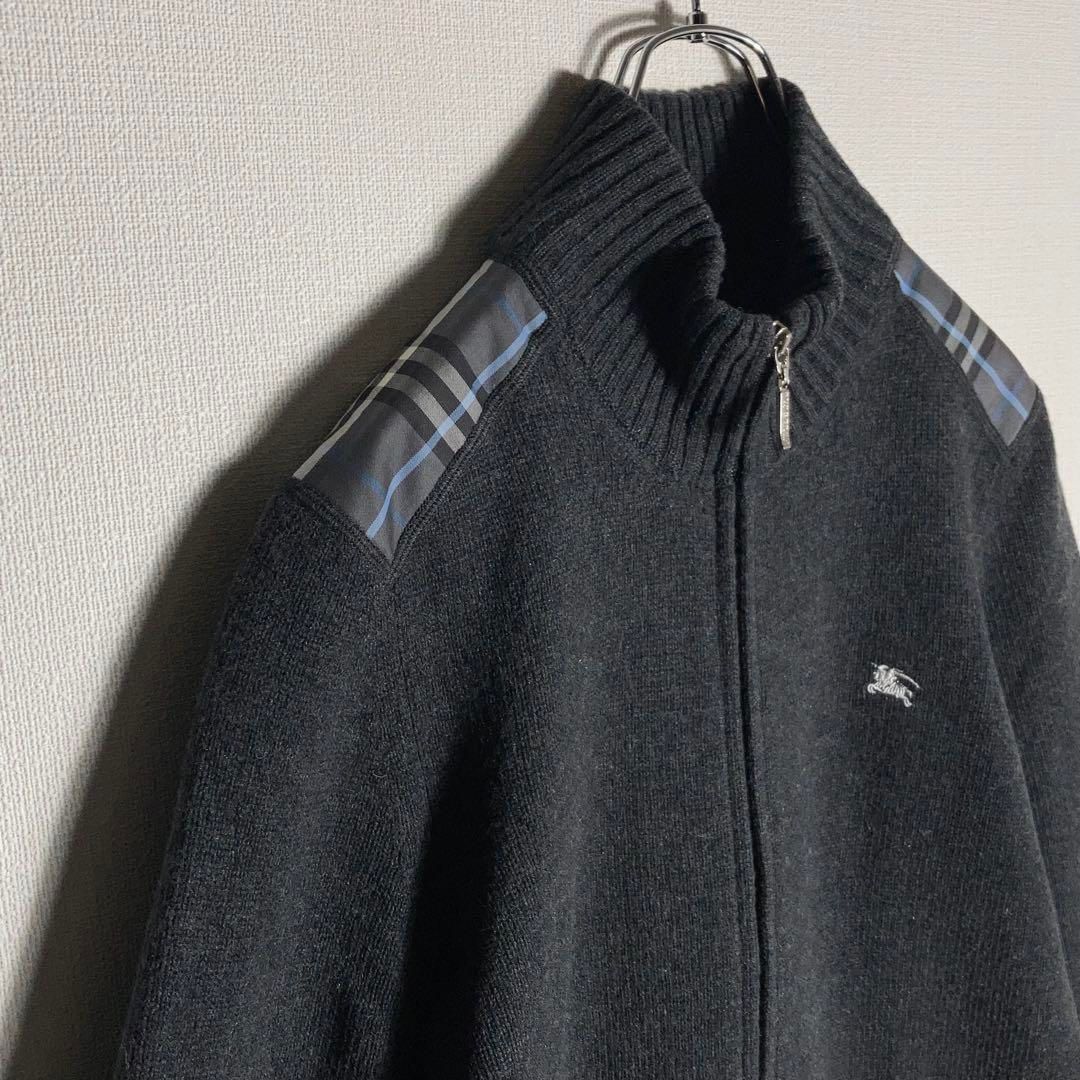 【XL、ブラック、美品】BURBERRY カシミヤ混 ニット ベスト 極美品】BURBERRY カシミヤ混ウール ジップニット 刺繍ロゴ