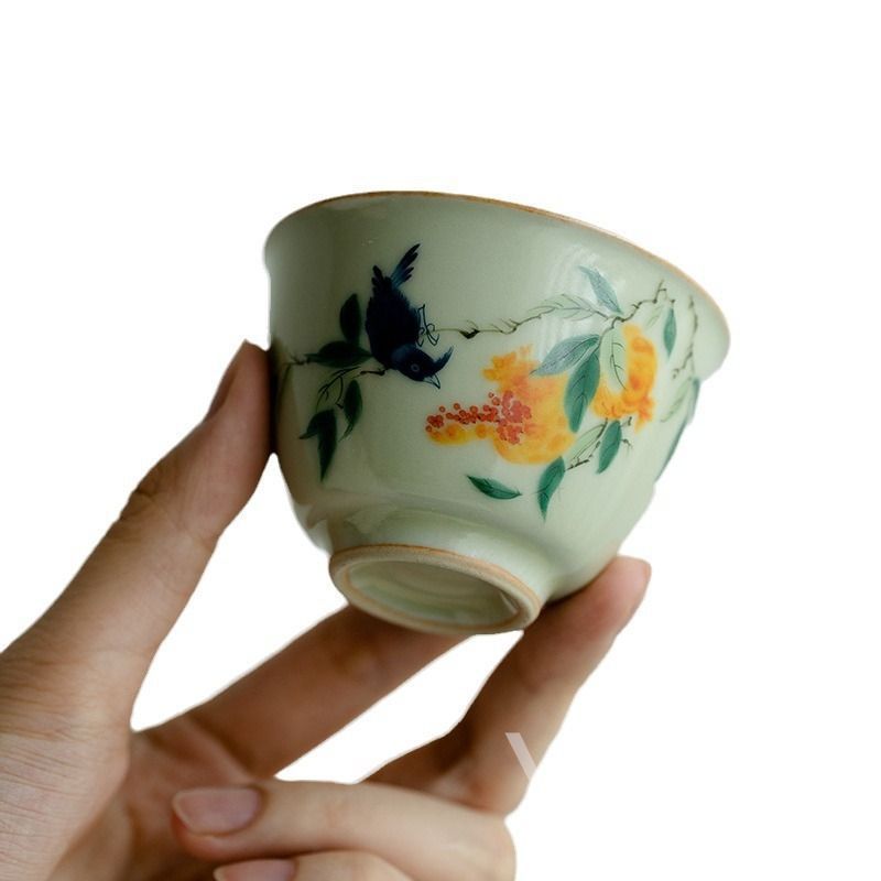 鳥 茶杯 中国茶器 黄汝窯 手描きの花 台湾茶器 中国茶 台湾茶