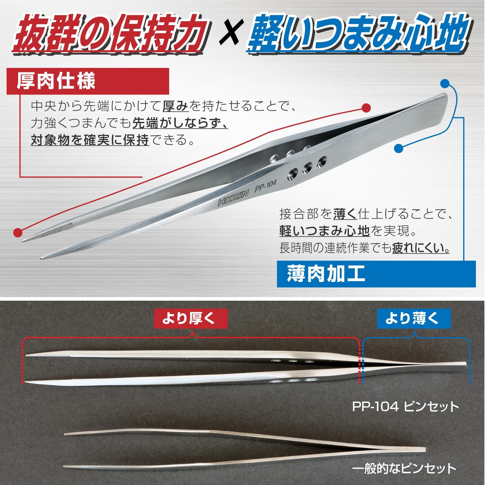 ホーザン HOZAN ピンセット 厚肉仕上げ 板厚2.5 mm 全長150 開き幅10 先端幅0.5 直型 ロングタイプ PP-104