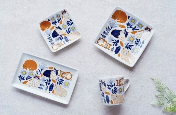 新品 美濃焼 Orie 〜ボタニカルと猫〜 長角 プレート ねこ ネコ 美濃焼き