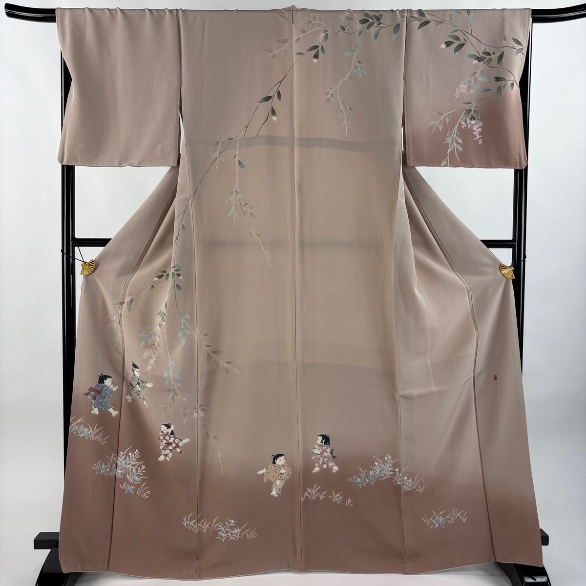 訪問着 身丈167.5cm 裄丈69cm L 袷 落款 童 草花 ぼかし 薄小豆 正絹 秀品