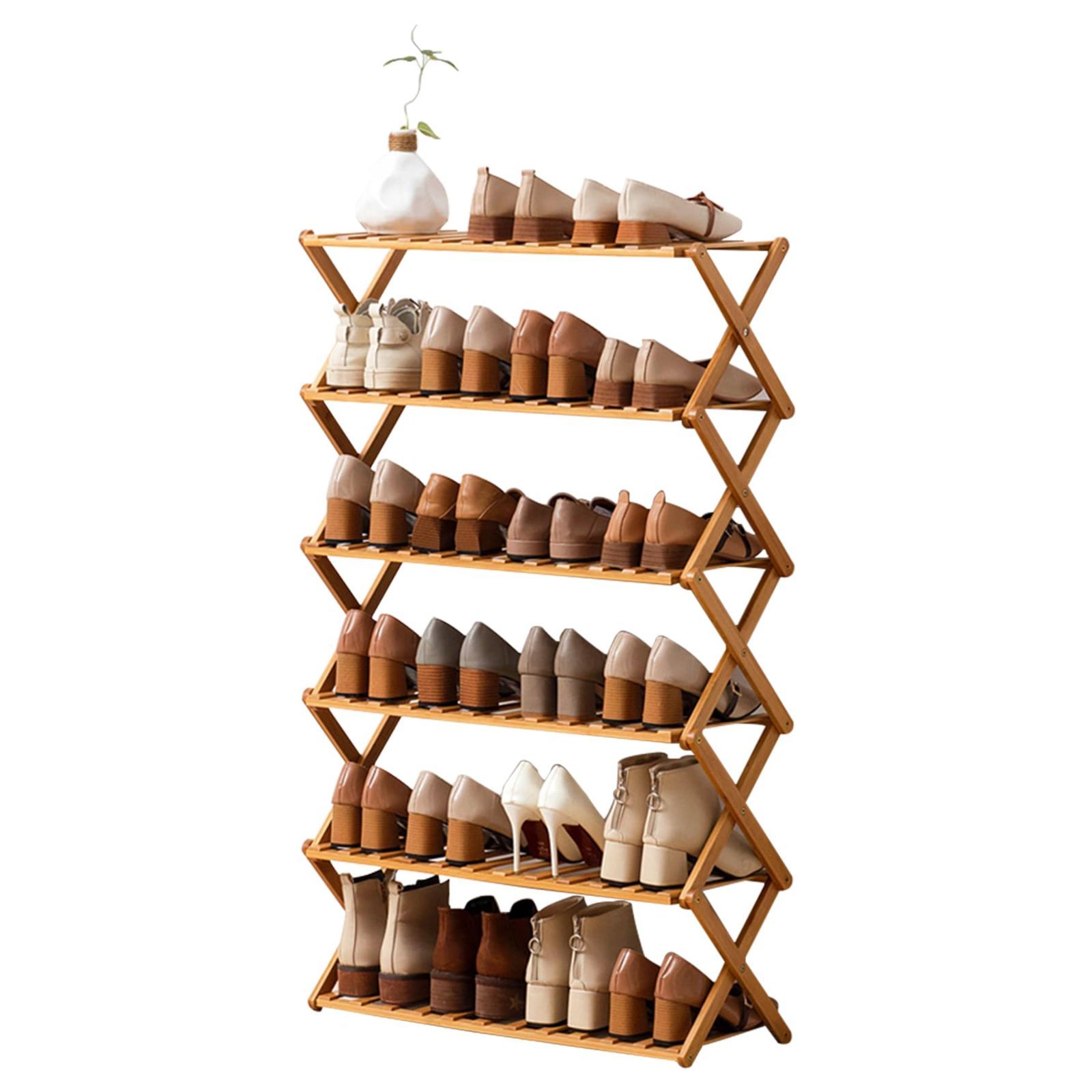 【在庫セール】靴棚 完成品 折りたたみ可能 下駄箱 組立不要 天然竹製 玄関 収納ラック シューズラック 靴箱 安定性高い 廊下ドア YICUCI 竹靴キャビネットshoes rack(6層 幅68cm×高さ110cm)(ナチュラル）