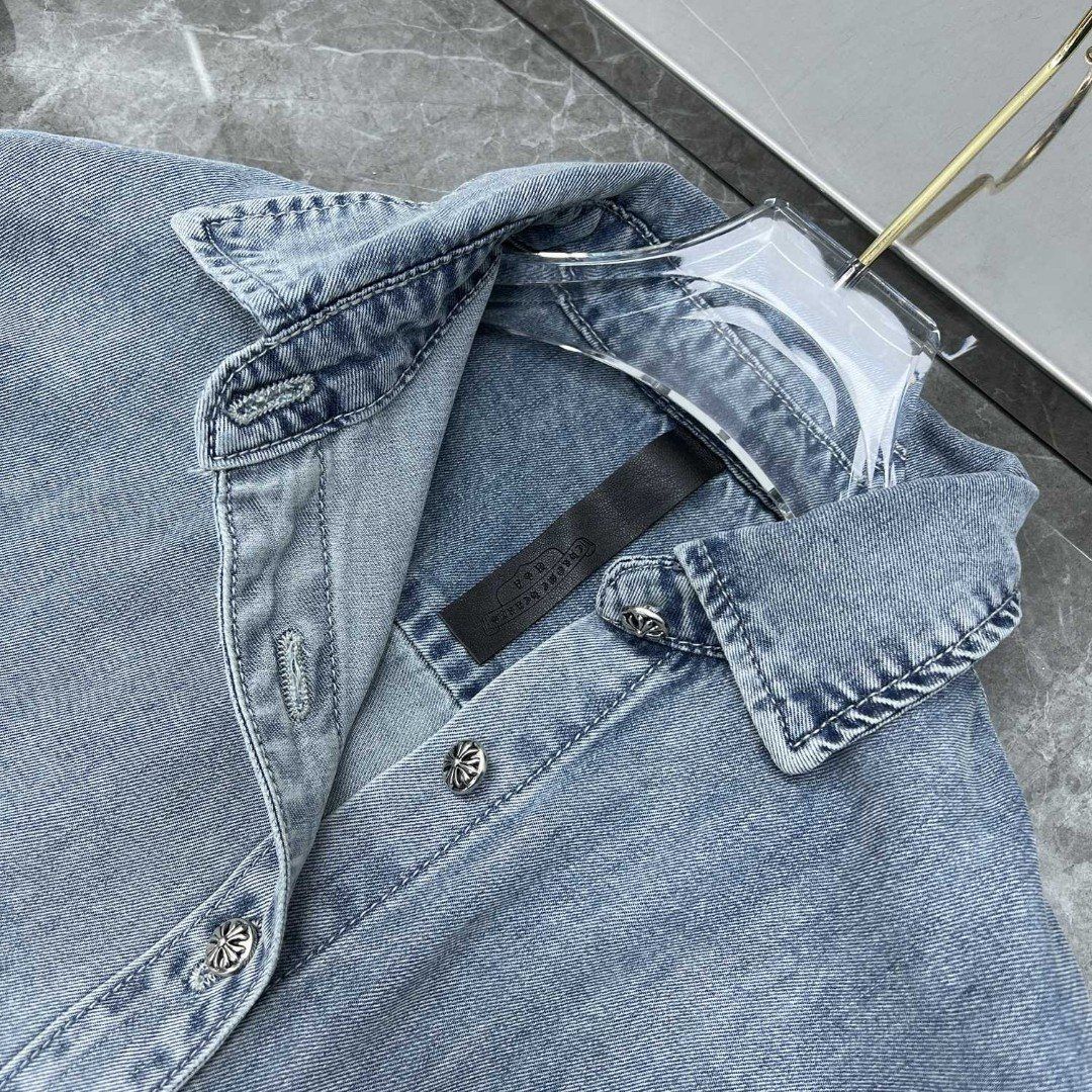 Chrome Hearts メンズ デニムシャツ 刺繍＆レザーパッチ カスタムウォッシュデニムブルー S-XL | ♥品