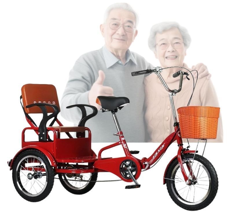 大人用三輪車 三輪折りたたみ自転車 前後二層ブレーキレジャー輸送タンデム自転車 後部隠しフードバスケット大型ペダル三輪車 最大積載