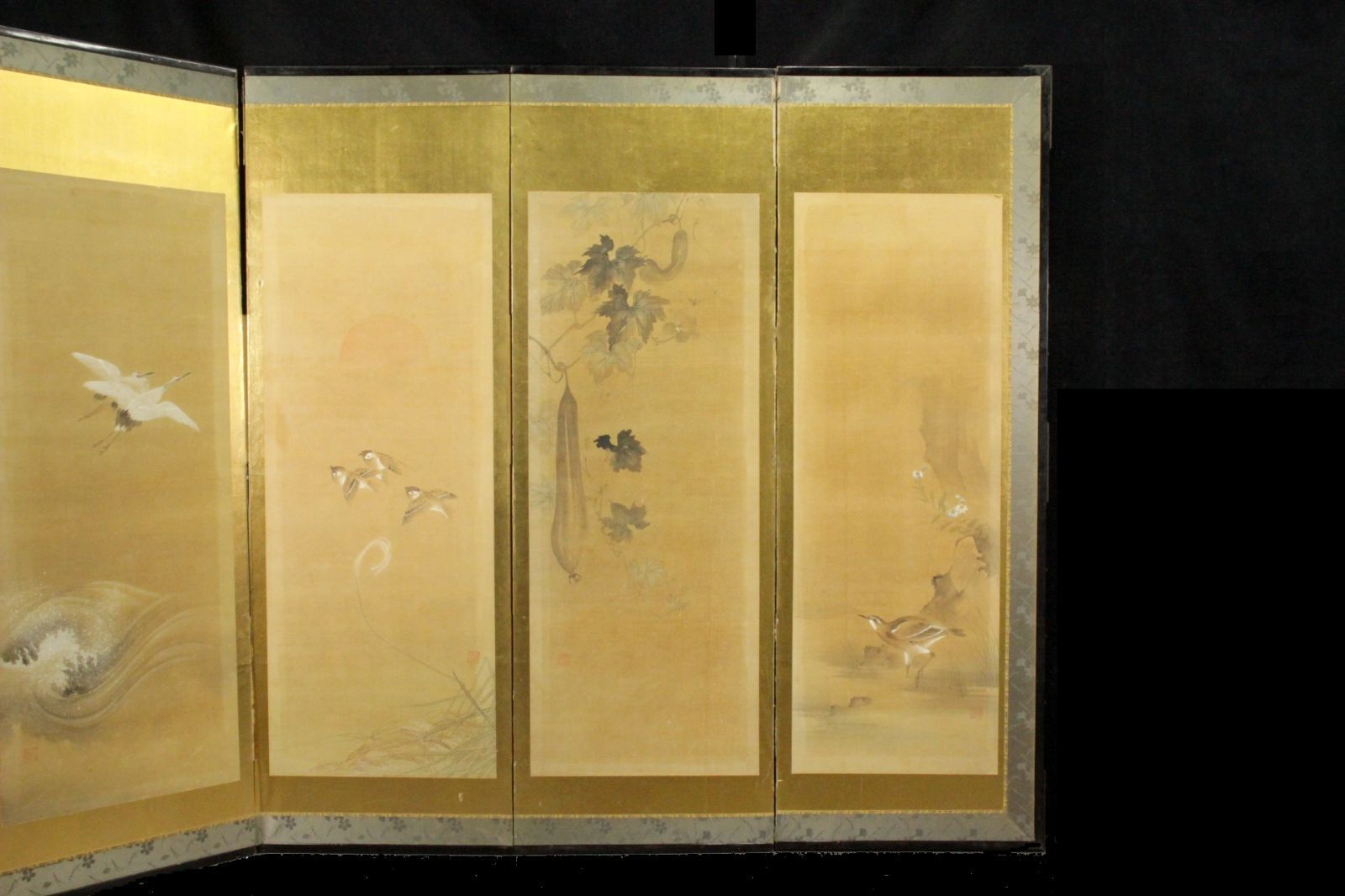 山城真斎筆 花鳥図六曲屏風 280cm 金屏風 唐物 骨董 古美術 楾