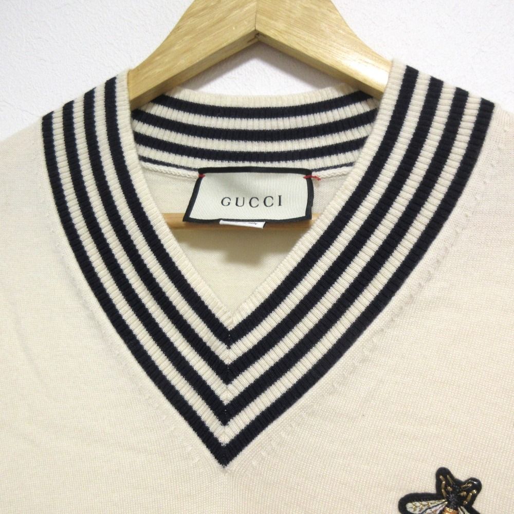 美品 GUCCI グッチ ウール100％ BEE刺繍 Vネック 長袖