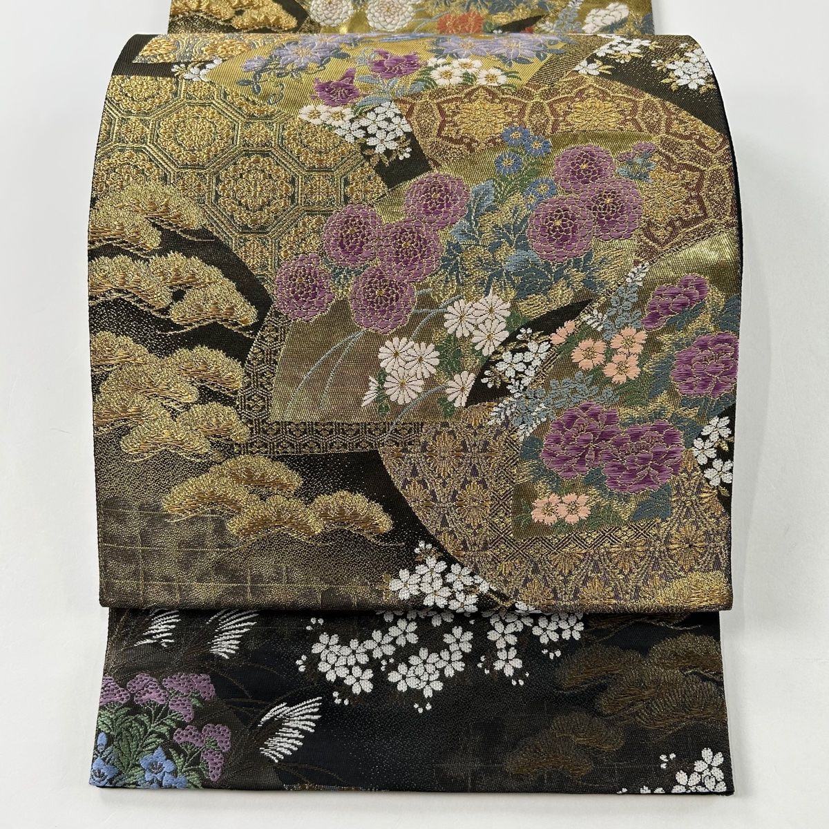 袋帯 名品 じゅらく 落款 花影寛雅文 扇面 金糸 箔 黒 お太鼓柄 正絹