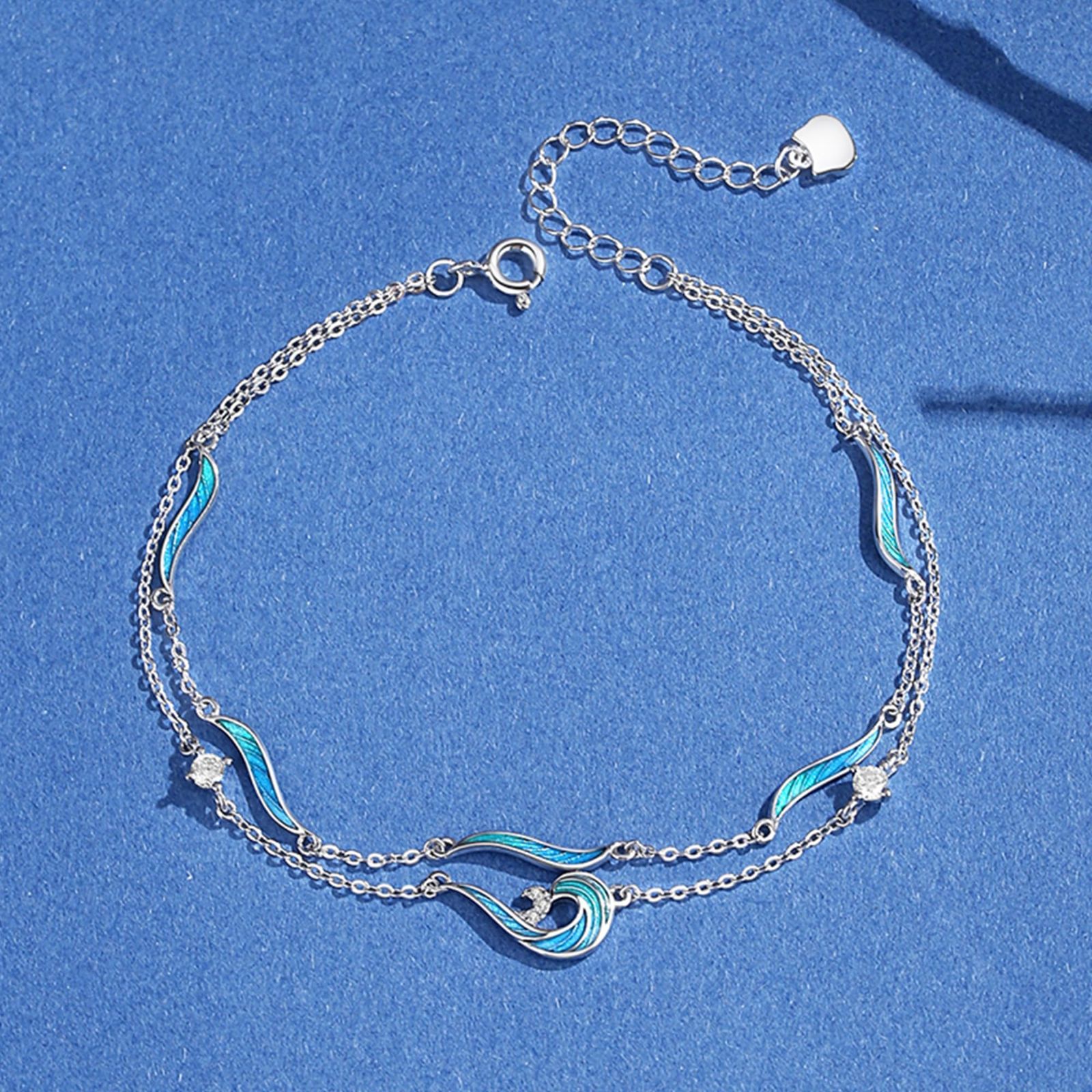 シルバーサンダー アンクレット レディース つけっぱなし人気 - シルバー 925 金属アレルギー対応 浪花モチーフ 海風デザイン ホワイトデー 誕生日プレゼント - アクアマリン モアッサナイト