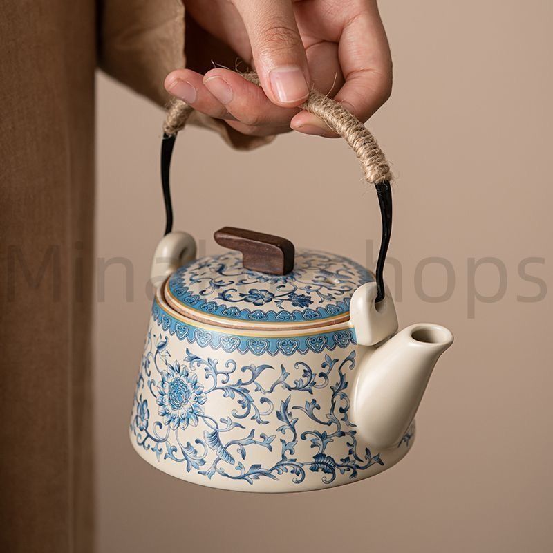 中国風汝窯青花茶壺、小サイズの提梁壺、セラミック茶具、汝瓷の