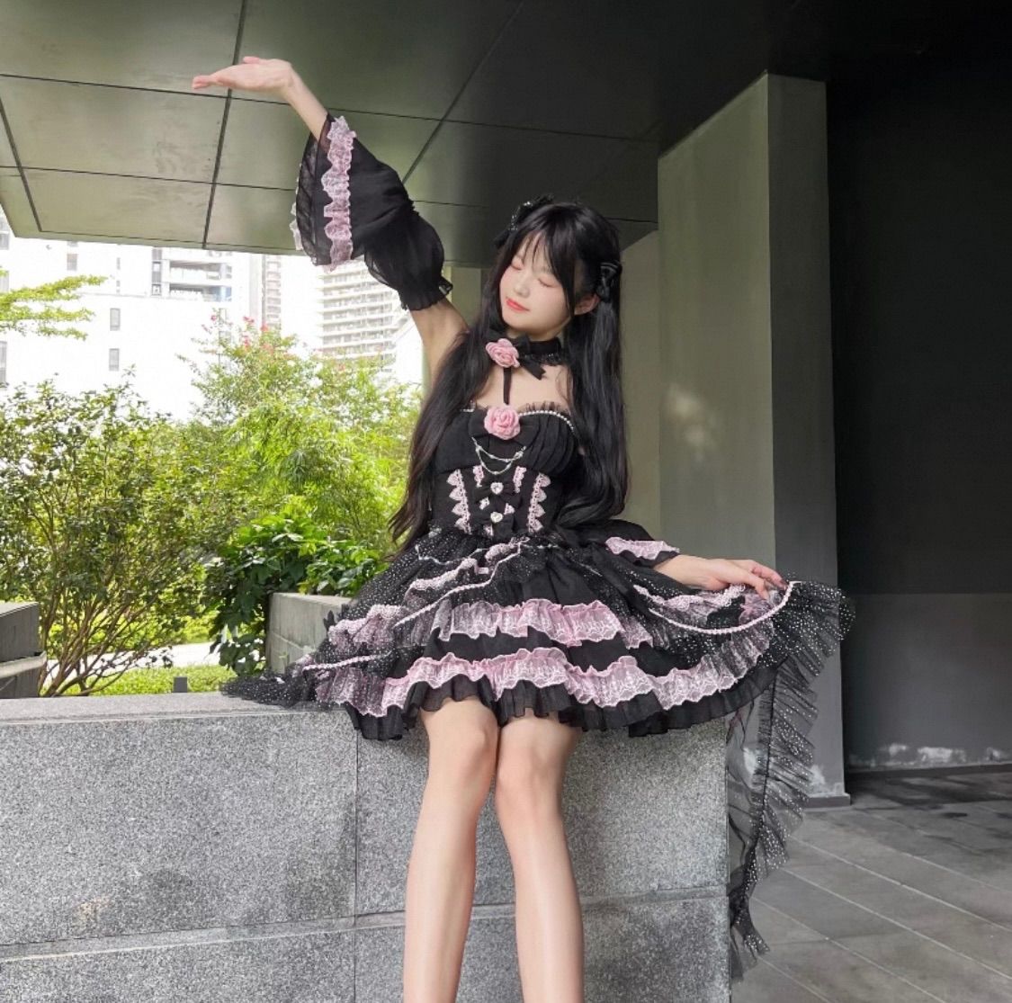 黒 ピンク 天使系ロリータ ワンピース ドレス フリル 高低差スカート