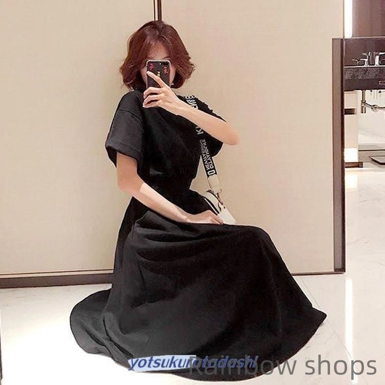 サイドシャーリングロングワンピース 半袖 上品 韓国 新品未使用】ワンピース 半袖 ロングワンピース ウエスト