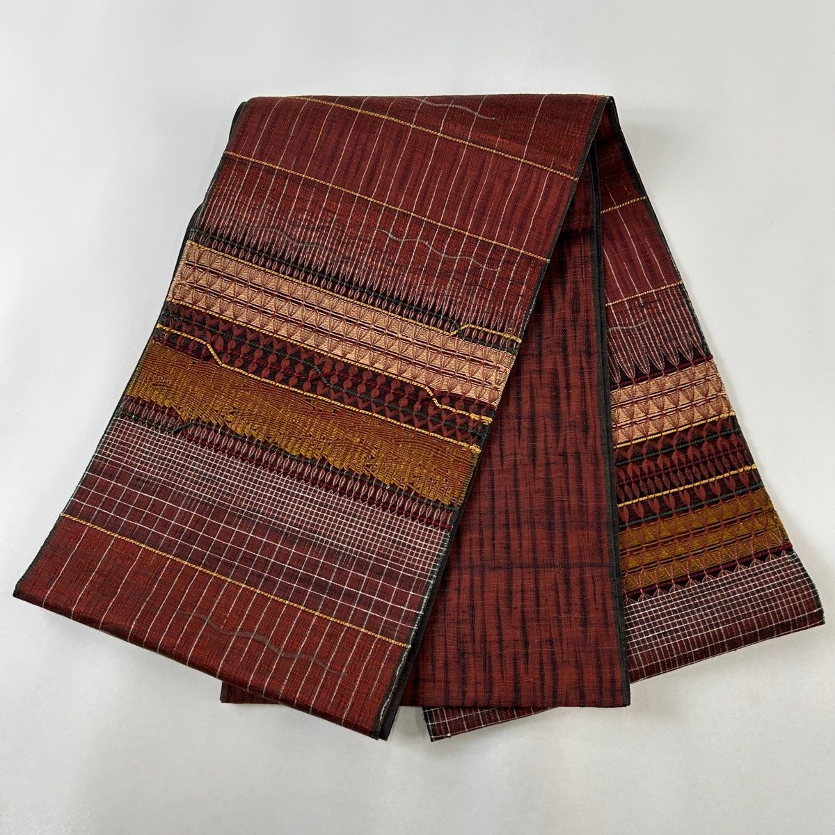 バイセル 着物 美品 名品 袋帯 赤茶 幾何学 縞 金糸 お太鼓柄 正絹 ☆☆☆☆ 袋帯 美品 秀品 幾何学 金糸 箔 赤茶 お太鼓柄 正絹 K30｜中古・古着