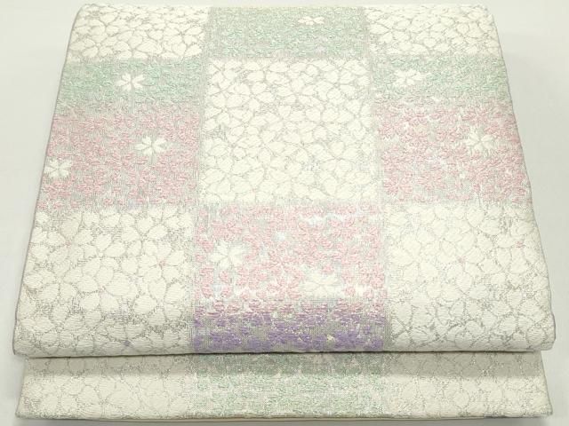 平和屋着物●両面　六通柄袋帯　唐織　舞桜市松文　銀糸　正絹　逸品　DAAW6665ob 平和屋着物○両面 六通柄袋帯 唐織 舞桜市松文 銀糸 正絹 逸品