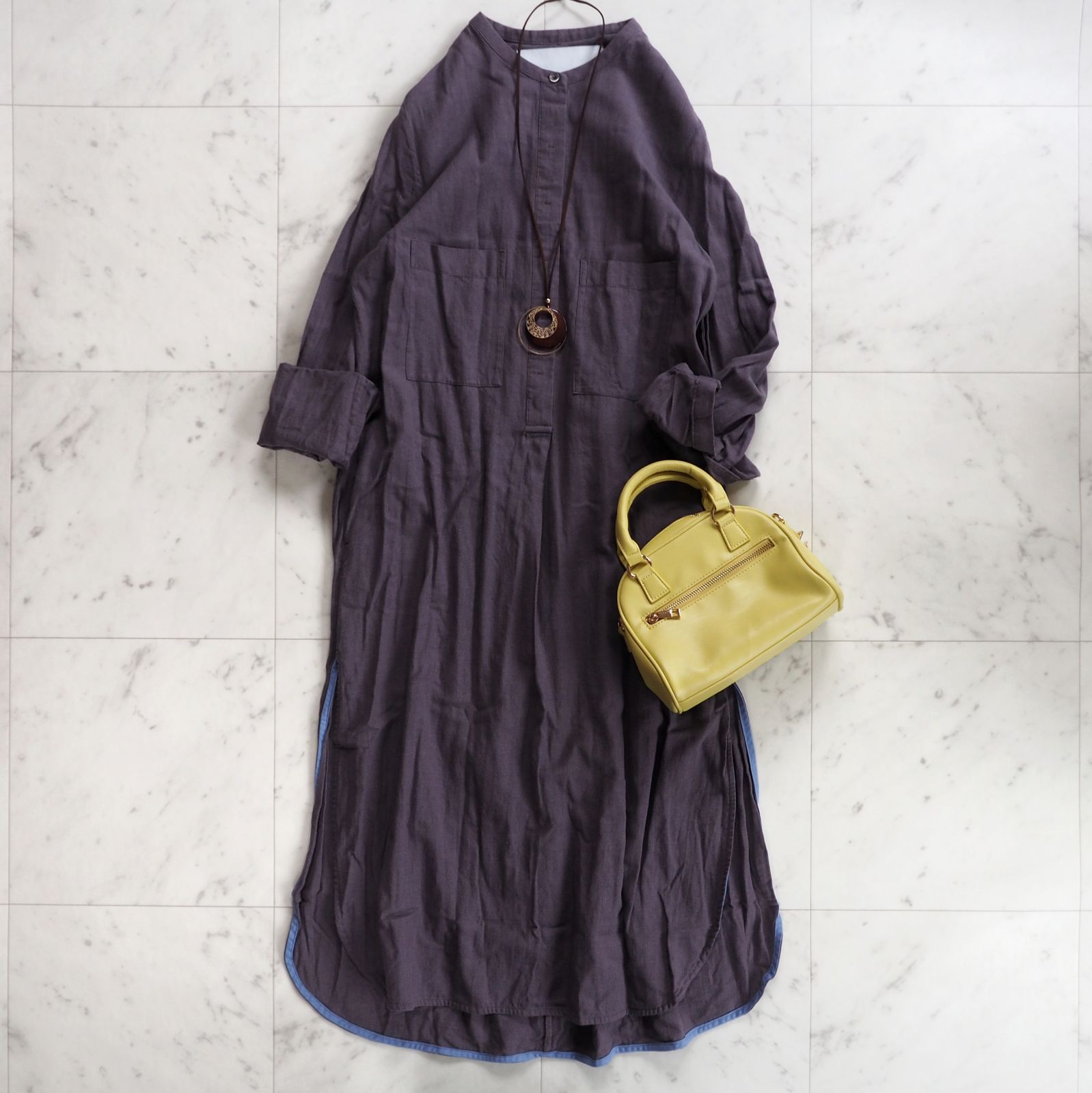 ソメロス社 ティッカ バンド シャツワンピース Fサイズ オレンジ×水色 千鳥格子 コットン 長袖