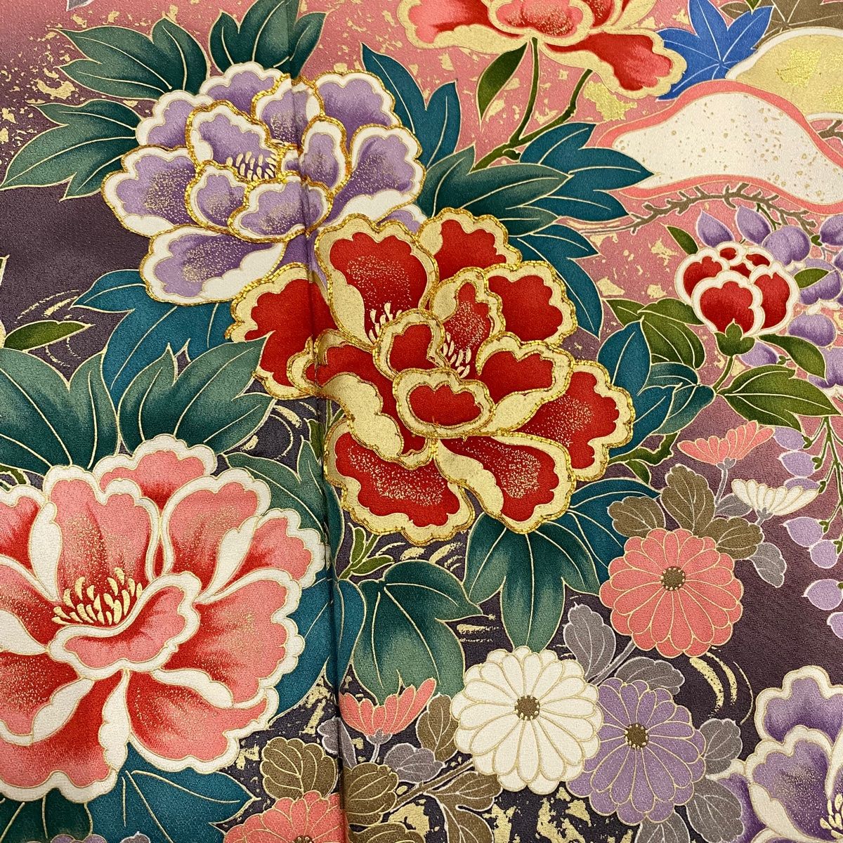 振袖 身丈169.5cm 裄丈69.5cm L 袷 牡丹 菊 金糸 金彩 ピンク