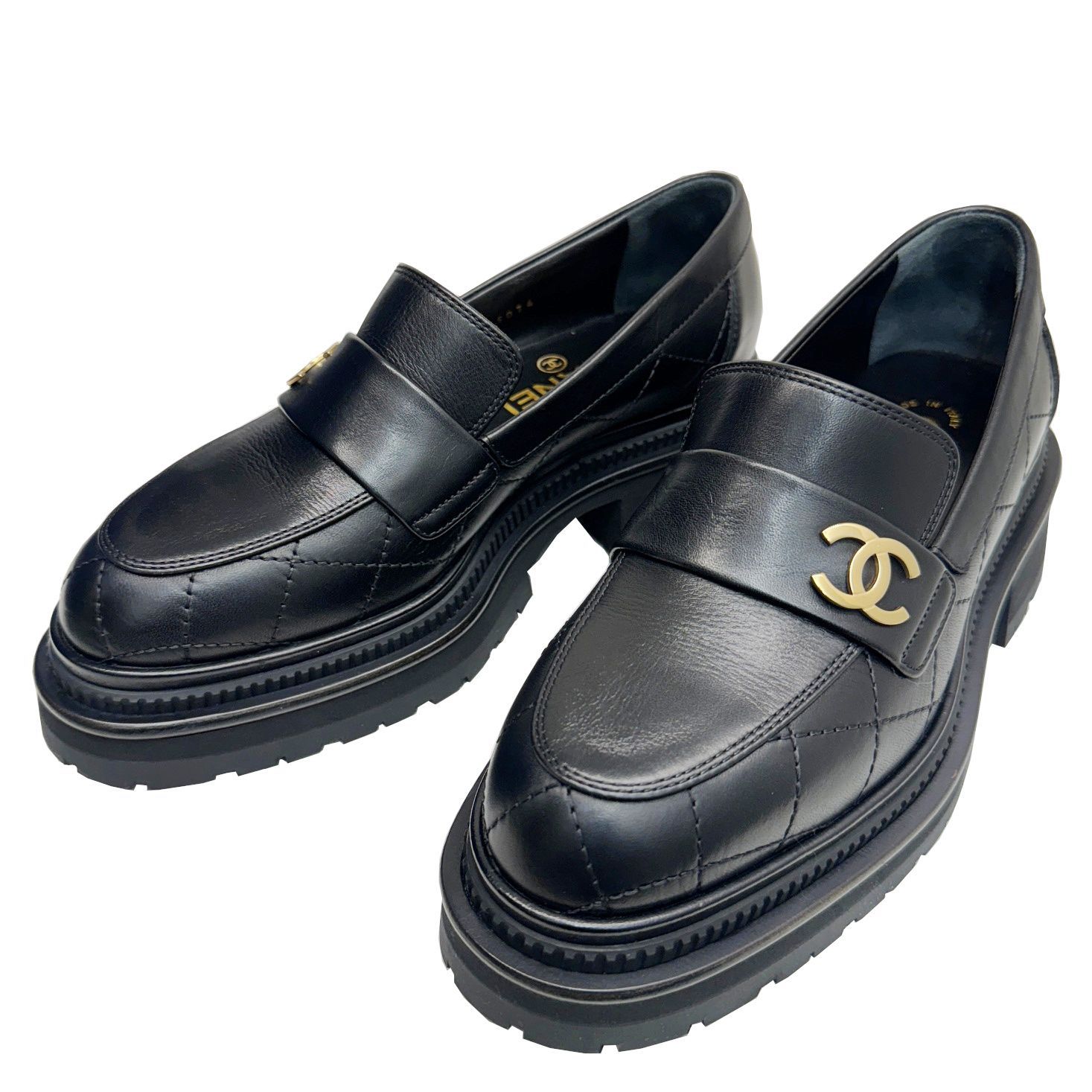 CHANEL 厚底ローファー　ソーブラック　36 CHANEL シャネル ココマーク レザー 厚底 ローファー