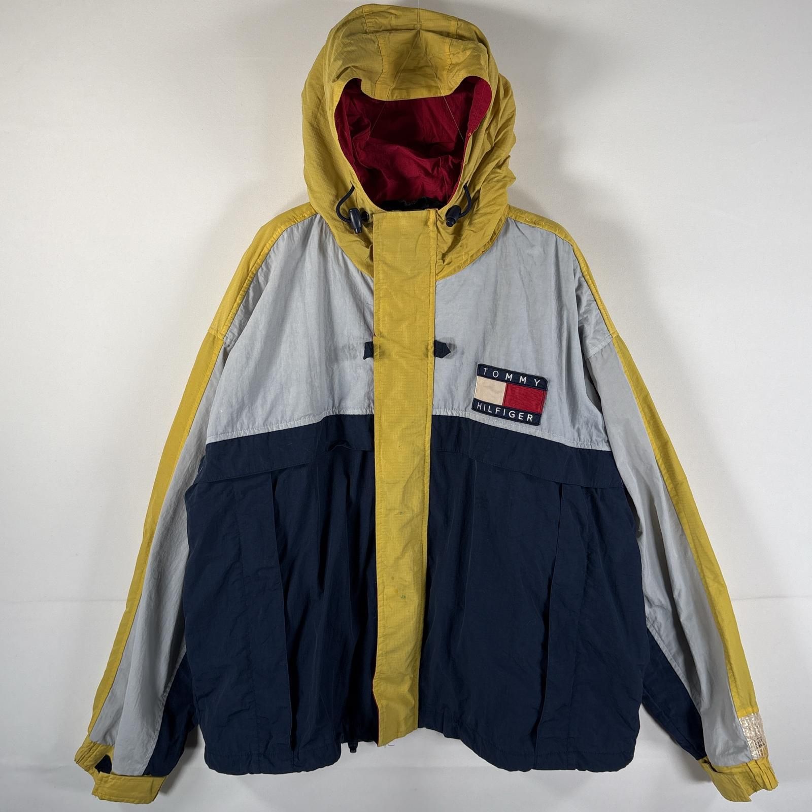 古着 90's/90年代 トミーヒルフィガー TOMMY HILFIGER ナイロンジャケット 大きいサイズ サーフ系ライン ワンポイントロゴ XL  ネイビー マルチカラー メンズ