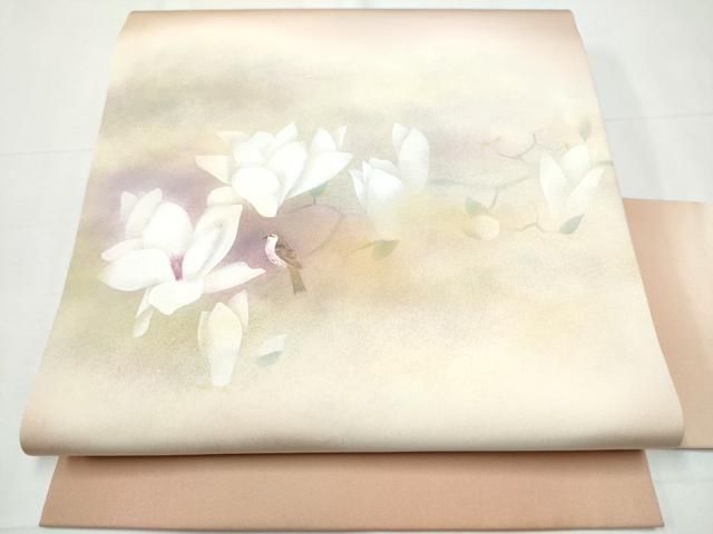 平和屋着物○塩瀬 九寸名古屋帯 作家物 休み鳥枝花文