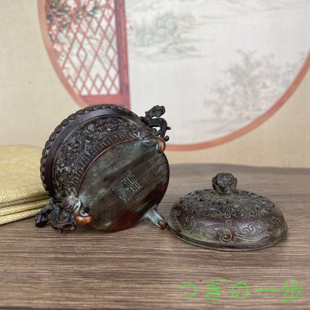 銅製 獅環耳独角鼓面薫炉 香道具 装飾品 工芸品 美術品 置物