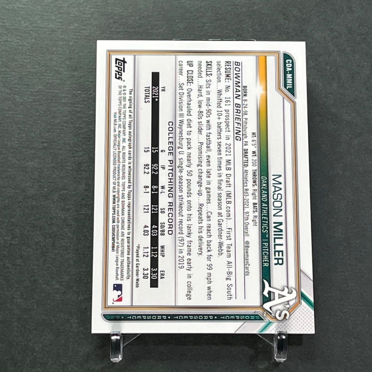 メイソンミラー直筆サインカード 2021 Bowman Chrome Draft 1st Bowman Autograph CDA-MMIL UP786_INFO