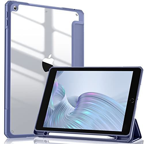 ブルー グレー Maledan iPad 第9世代 ケース 2021 iPad 第8世代第7世代 20202019対応 クリア 透明 アクリル ペンホルダー付き スタンドケース 軽量 薄型 裏全透明 三つ折りスマート オートスリープ機能
