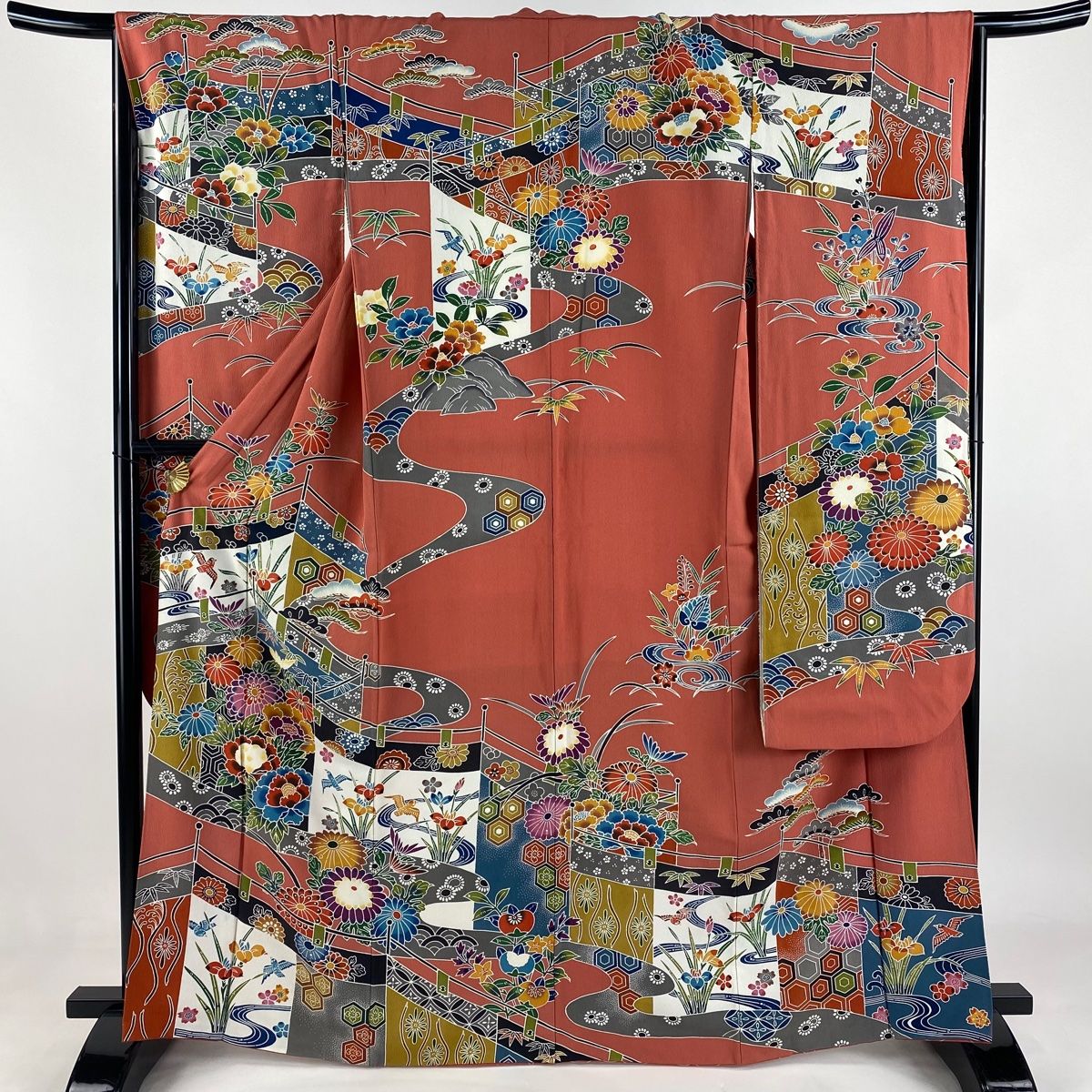 振袖 身丈166cm 裄丈66.5cm M 袷 幔幕 花鳥 縮緬 サーモンピンク 正絹 名品