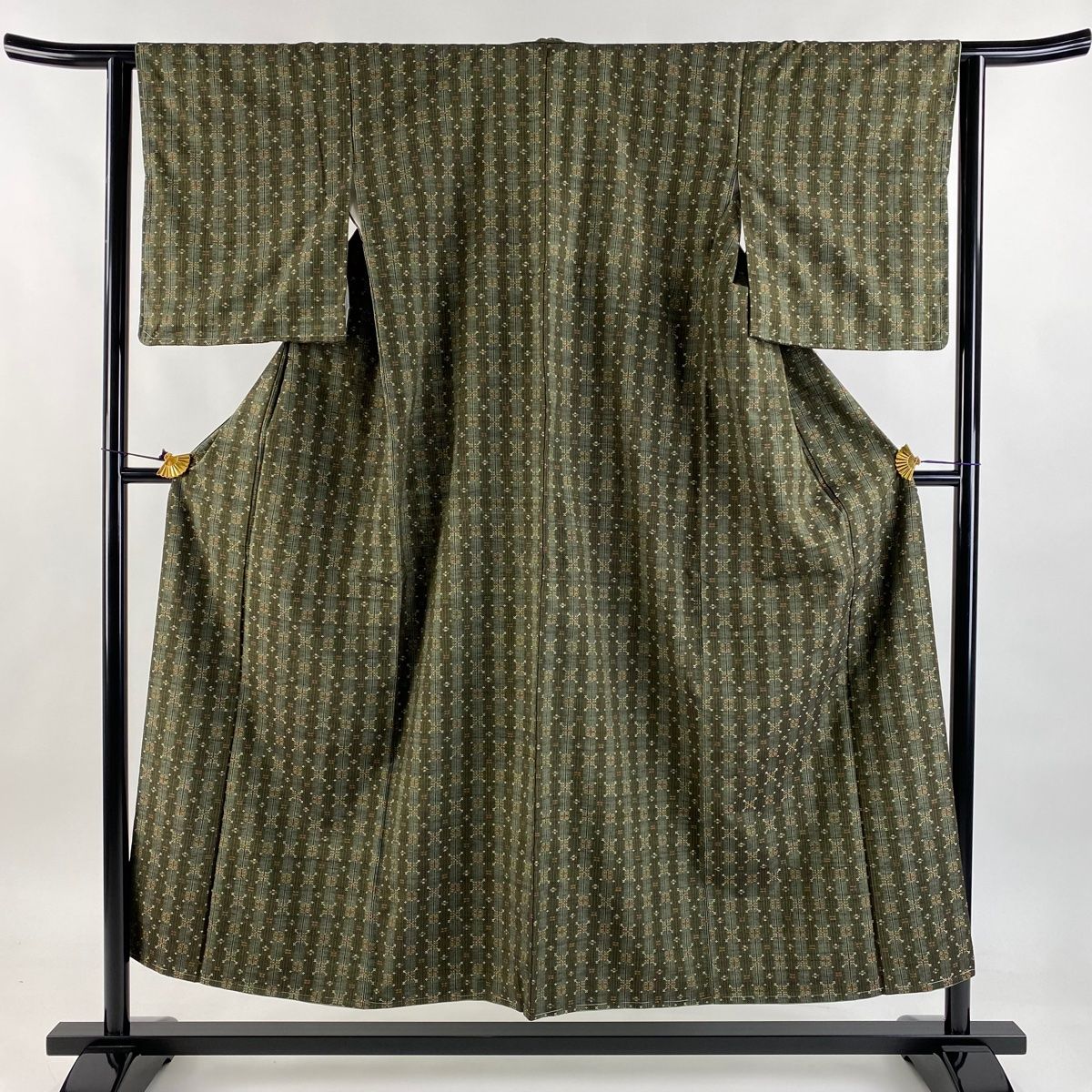 紬 身丈152cm 裄丈62cm S 袷 縦縞模様 幾何学模様 花織 深緑 正絹