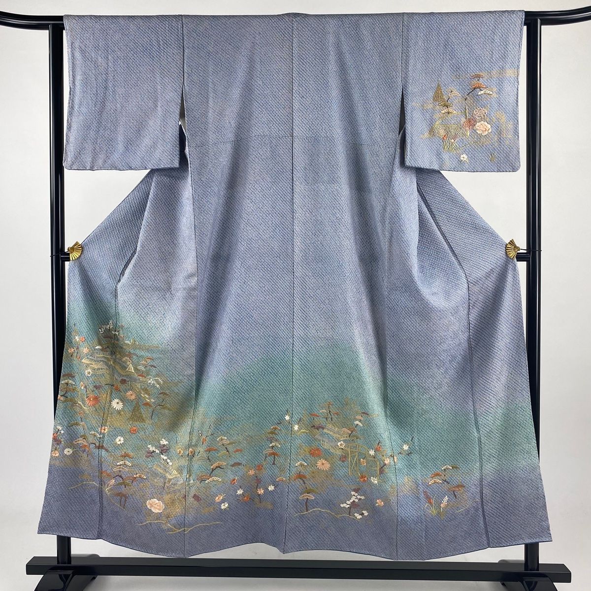 訪問着 身丈153cm 裄丈62cm S 袷 家屋 松 刺繍 刺繍 青灰色 正絹 名品