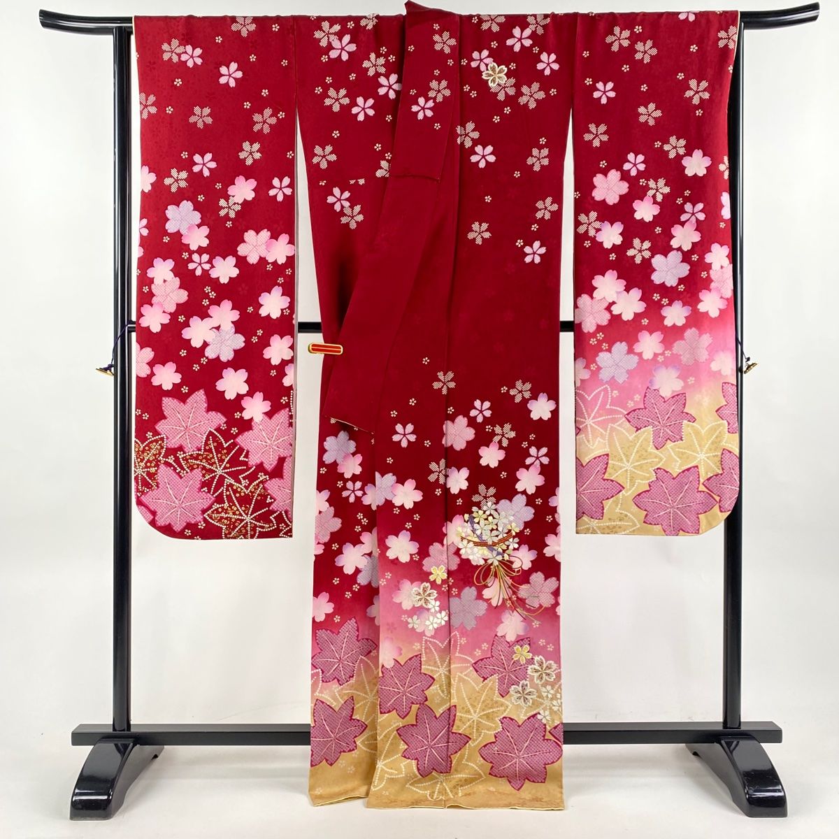 振袖 身丈168.5cm 裄丈67cm M 袷 鞠 桜 刺繍 箔 赤 正絹 美品 逸品 