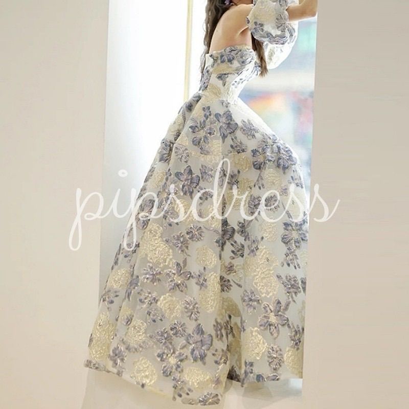 即日発送 ゴールドフラワー 刺繍 パフスリーブ ドレス M｜ロング Aライン｜結婚式 披露宴 二次会 前撮り パーティー 演奏会 発表会｜オフショルダー 花柄 感 上品 おしゃれ