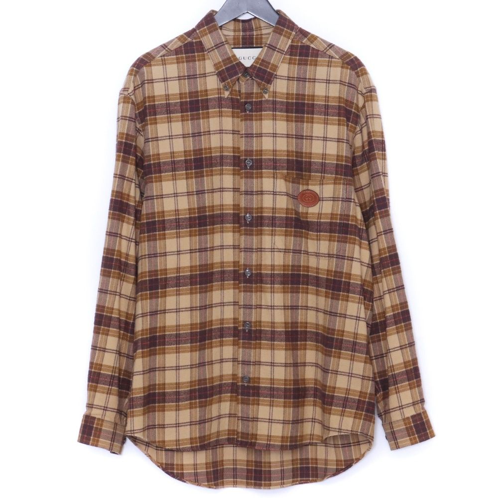 GUCCI GGレザーパッチ チェック フランネル 長袖シャツ サイズ46 ブラウン 629755 Z8AK2