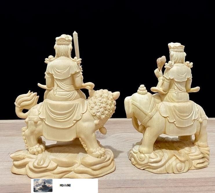 天然木 木彫仏像 文殊菩薩 普賢菩薩 座像 檜木 一式 彫刻