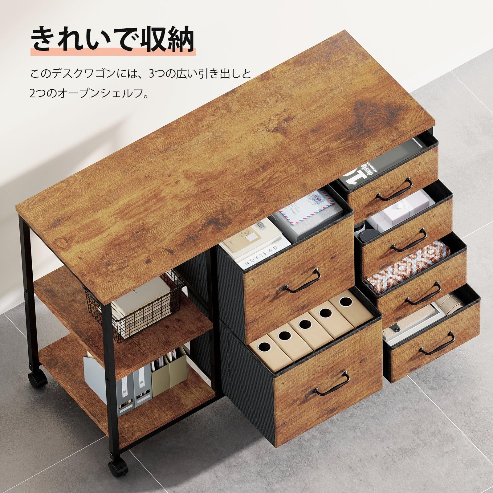 大人気 キャスター付き 大容量 プリンター台 デスク下収納 A4対応 6段 サイドワゴン 層板付き 袖机 ビンテージ ビンテージ 布製 デスクワゴン サイドキャビネット Maihail