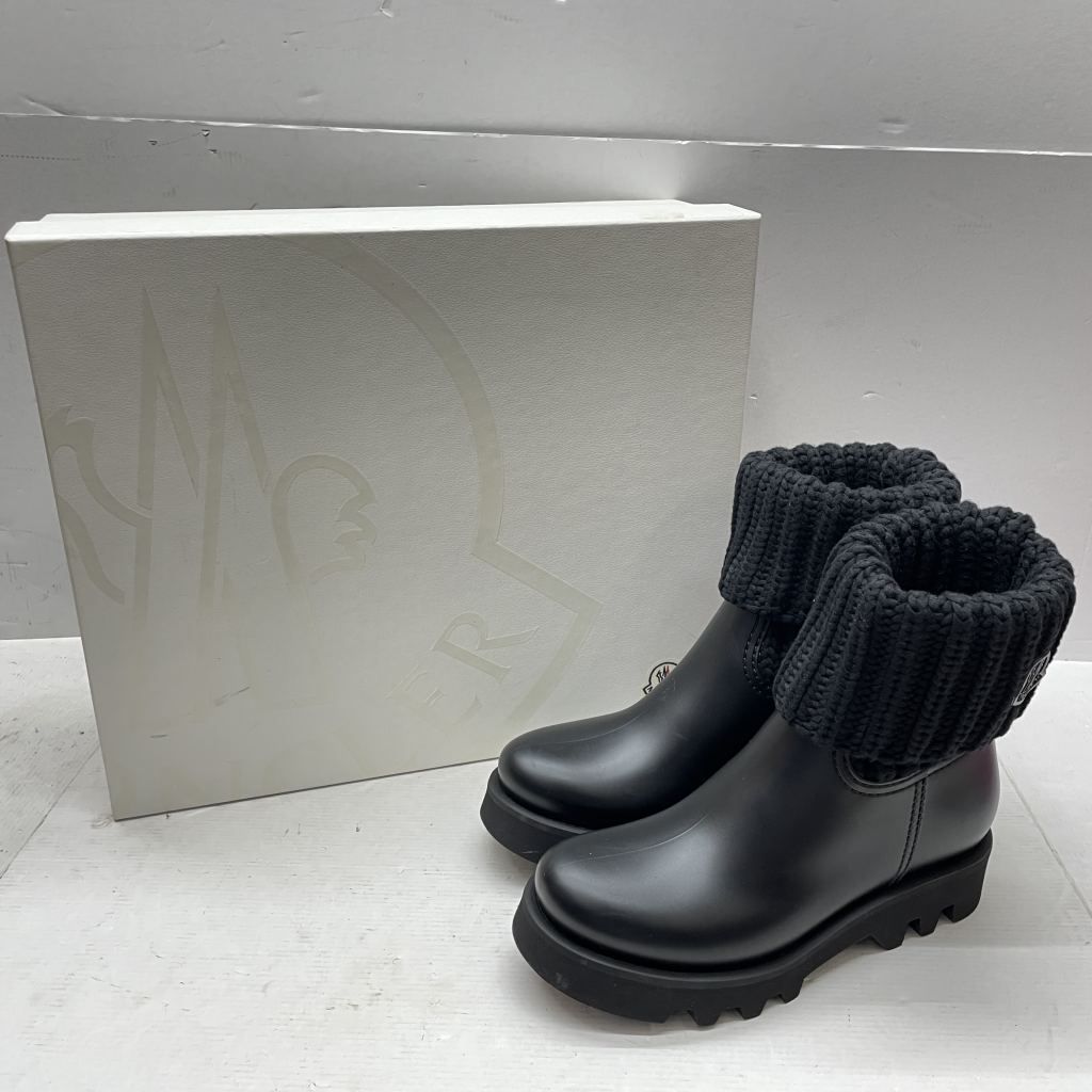 01w-5336 モンクレール MONCLER GINETTE ジネット レインブーツ アンクルブーツ ニット×ラバー ブラック EU36 イタリア製 レディース 約23cm 箱 保存袋あり ブーツ 品