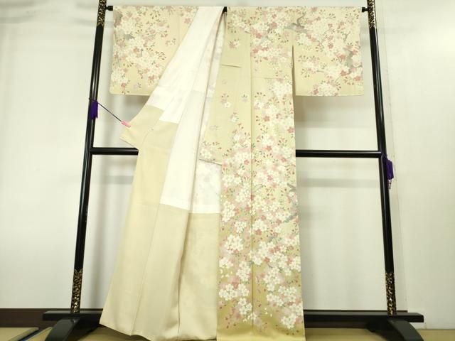 平和屋本店■極上　訪問着　駒刺繍　枝桜　暈し染め　鳥の子色地　金彩　逸品　DZAA4014kh5 平和屋本店□極上 訪問着 駒刺繍 枝桜 暈し染め 鳥の子色地 金彩 逸品