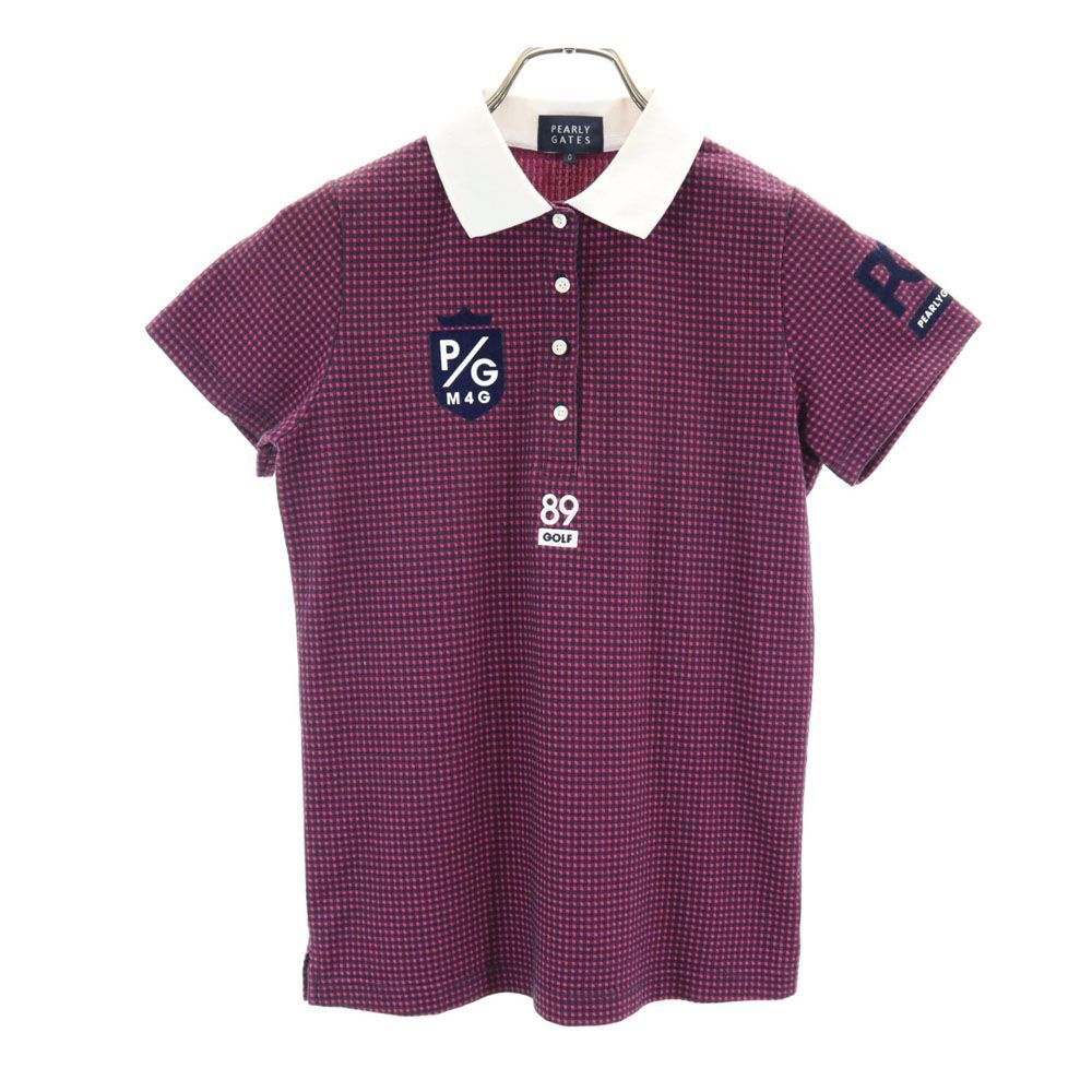 美品】パーリーゲイツ 半袖ポロシャツ ネイビー 胸プリント レディース