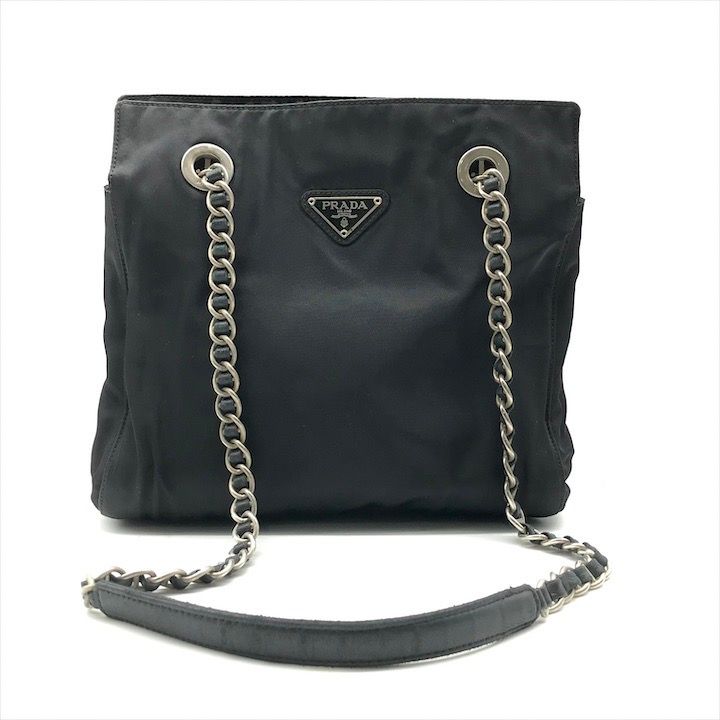 良品 PRADA プラダ ナイロン テスート 三角ロゴ チェーン ショルダー トート バッグ レディース ファッション小物 ブラック a6278