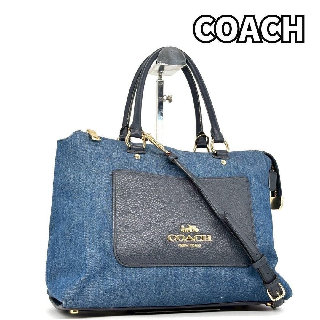 コーチデニムショルダーバッグ COACH (コーチ) デニム×レザー ロゴプリント ショルダーバッグ