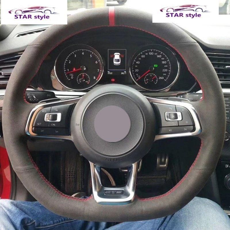 ハンドルカバー ステアリング 車 ブラック スエード カー ステアリングホイール カバー フォルクスワーゲン ゴルフ 7gt rmk7 vw polo gti scirocco 2015 2016用