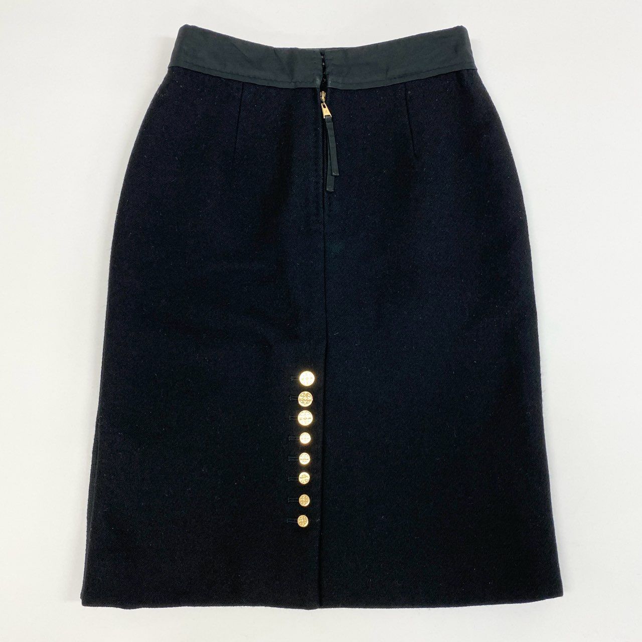 46j3 LOUIS VUITTON ルイヴィトン フランス製 金ボタン 膝丈 スカート ボトムス ロゴボタン 36 ブラック ウール レディースo07t